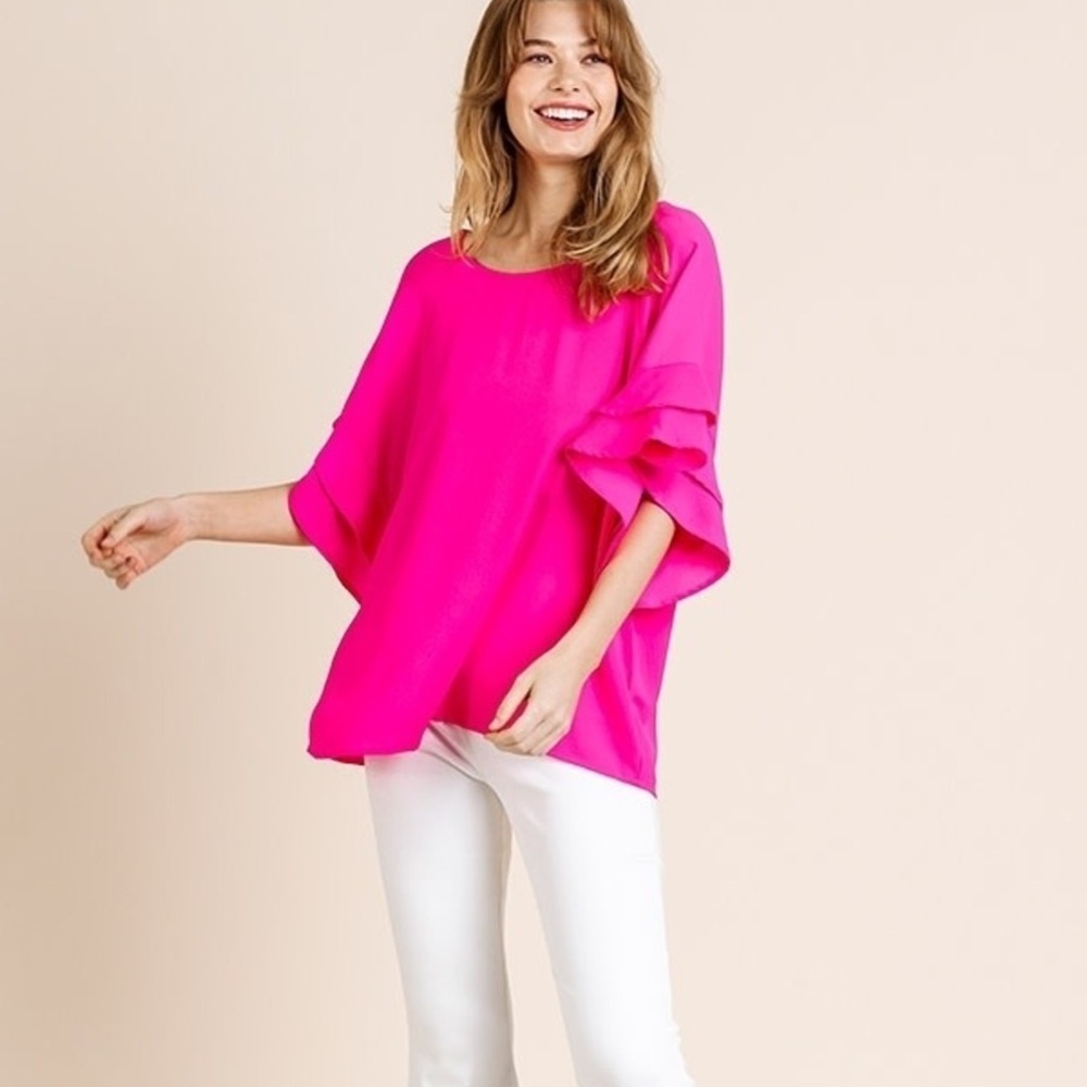 NWT Umgee Natalia Solid Fuchsia Ruffle Dolman Sleeve Flowy Top